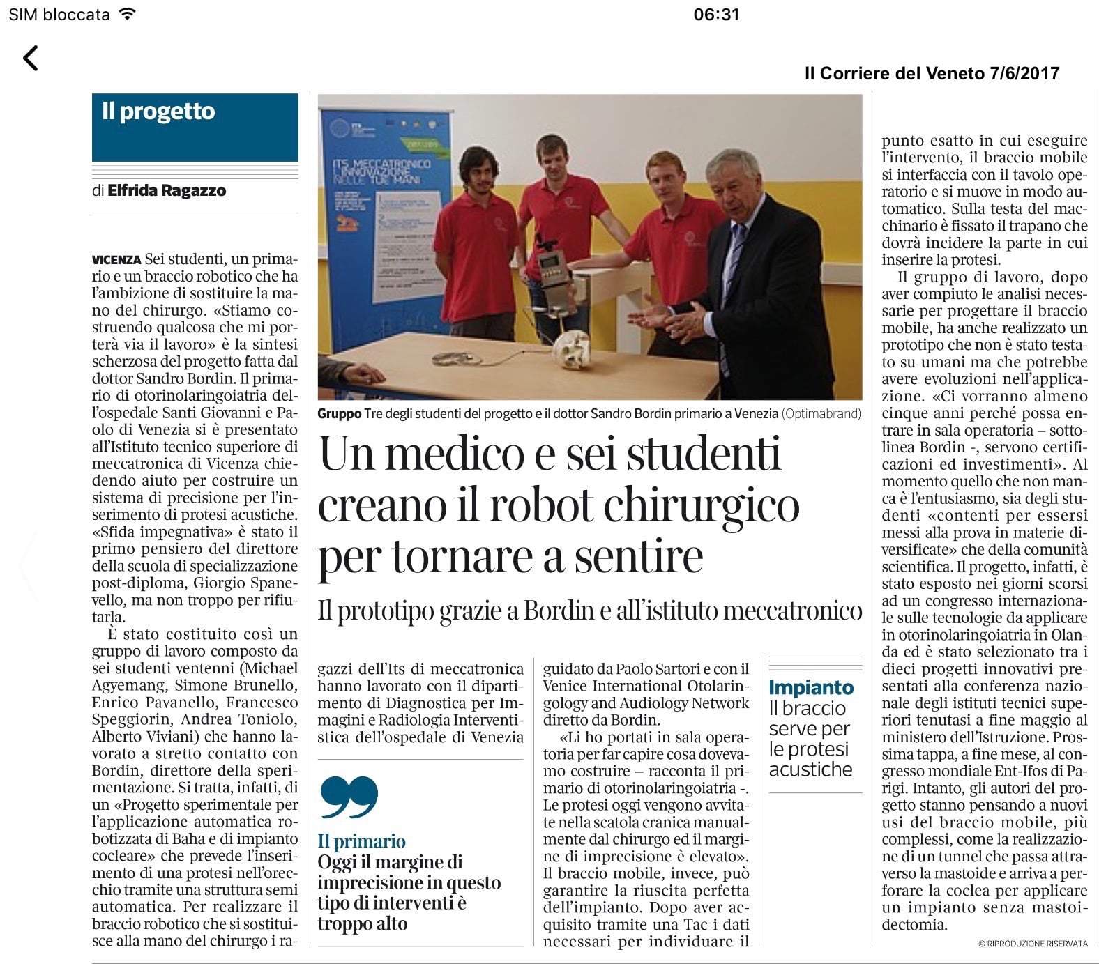 Robot chirurgico su Il Corriere del Veneto